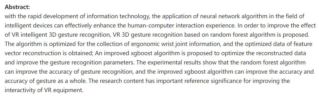 Gesture recognition method for placement task in VR environment based on improved xgboost algorithm